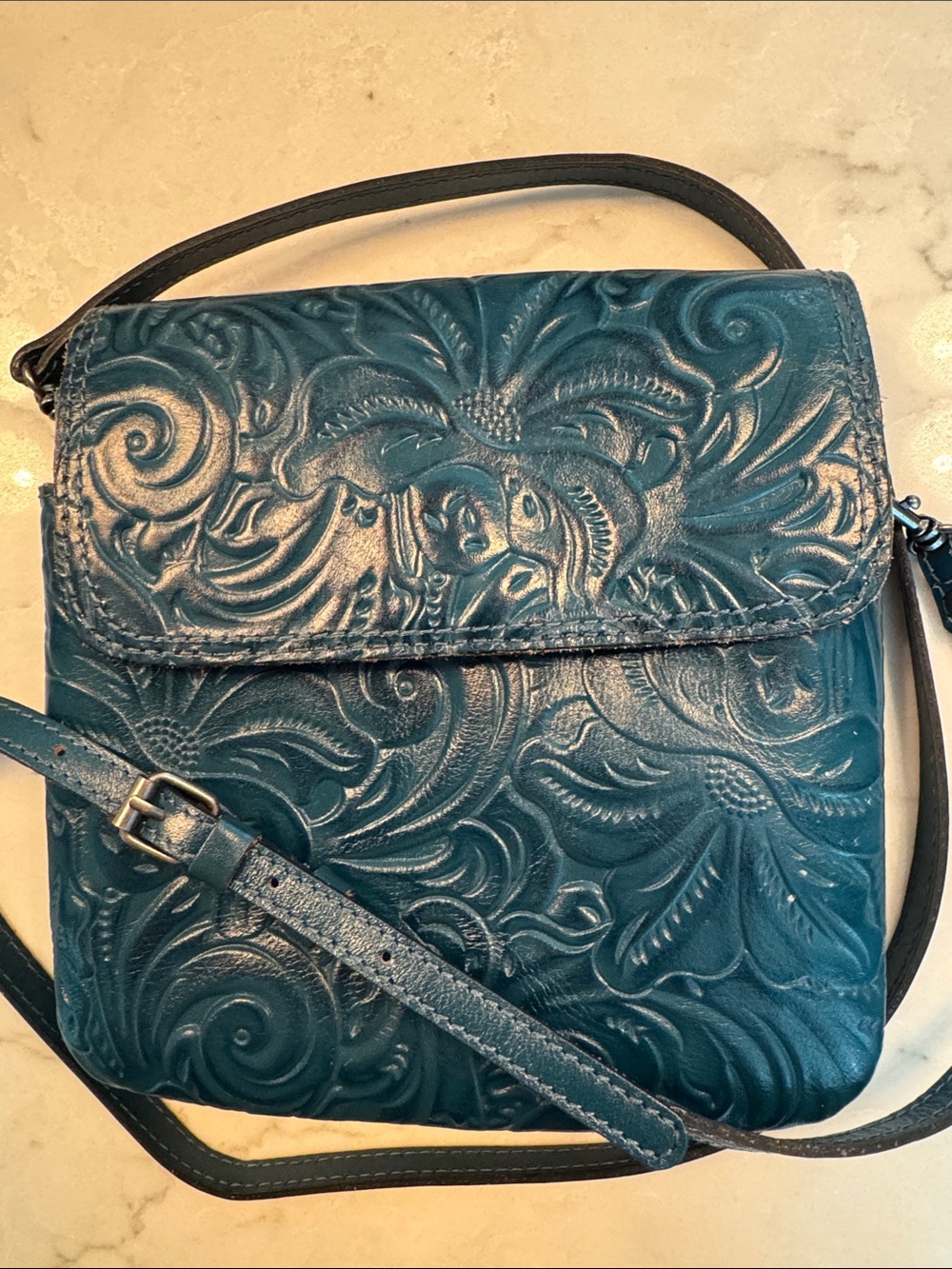 Patricia Nash Teal Embossed Leather Crossbody Bag